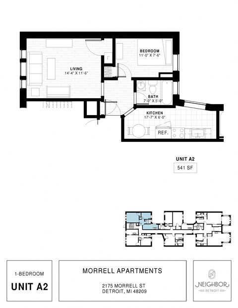 Floor plan for 1 bed, 1 bath, 541 sqft
